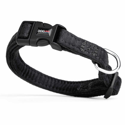 Black dog collar with quick release buckle and metal ring, made from soft microfiber, 5/8 inches wide