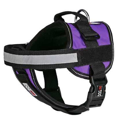 Dog harness displayed in a variety of colors including red, blue, and black