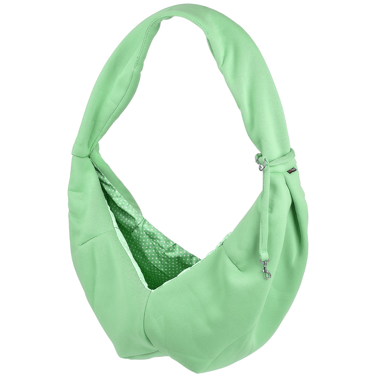 A girl wearing a Comfortable pet slings with her dog in it great for for carrying small dogs and cats – hands-free, adjustable, and stylish pet carriers