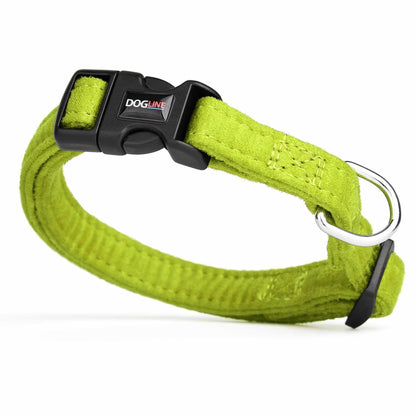 Lime green dog collar with quick release buckle and metal ring, made from soft microfiber, 5/8 inches wide