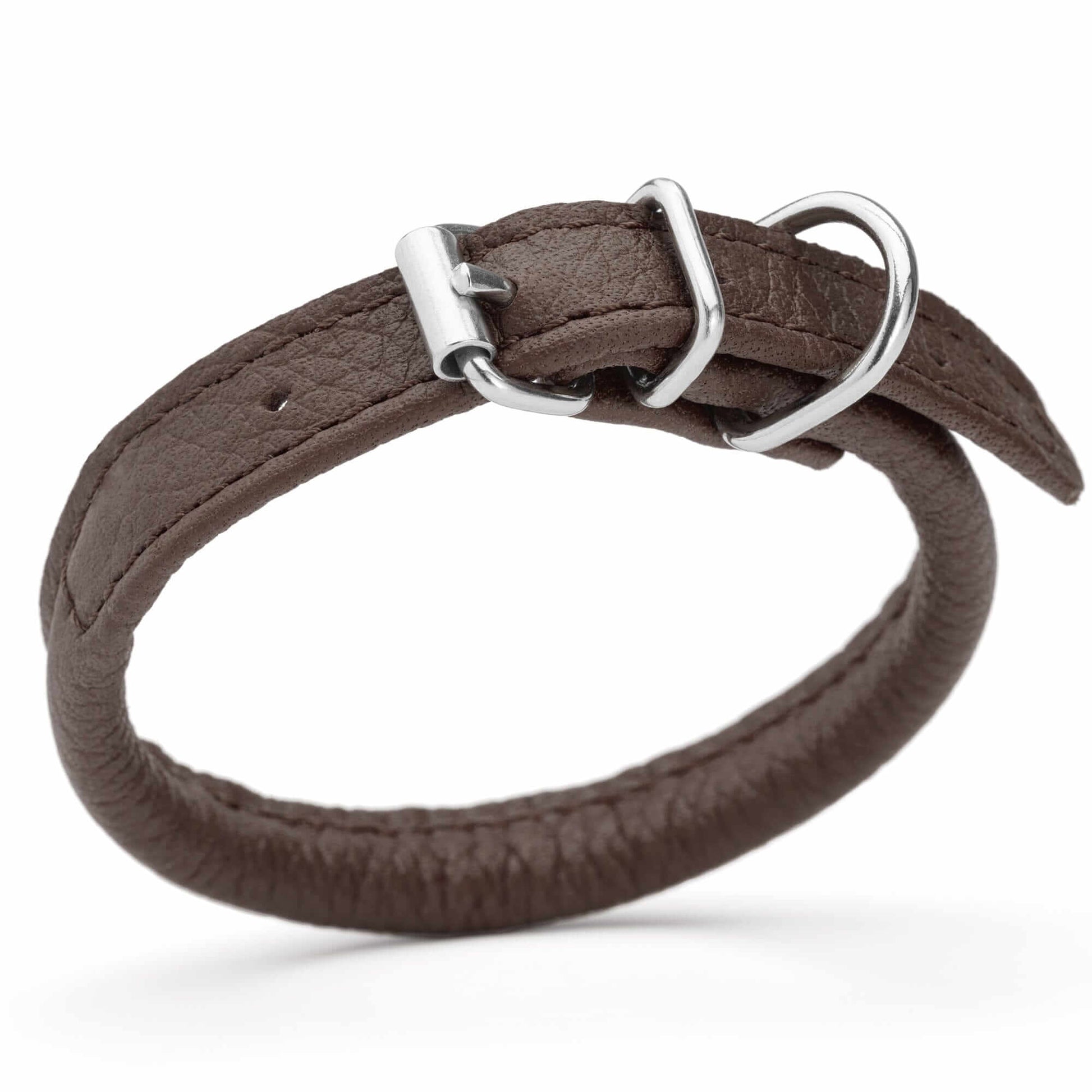 Dog wearing a white soft leather round collar sitting in the park with owner