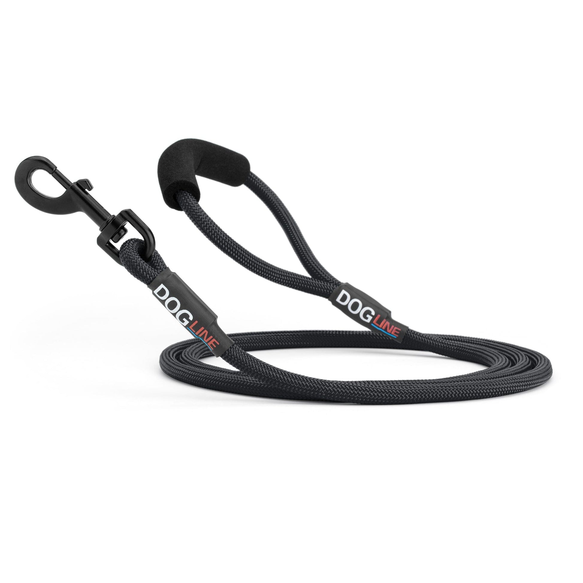 Black nylon dog leash with black snap hook and padded neoprene handle, round rope design, 6 ft long