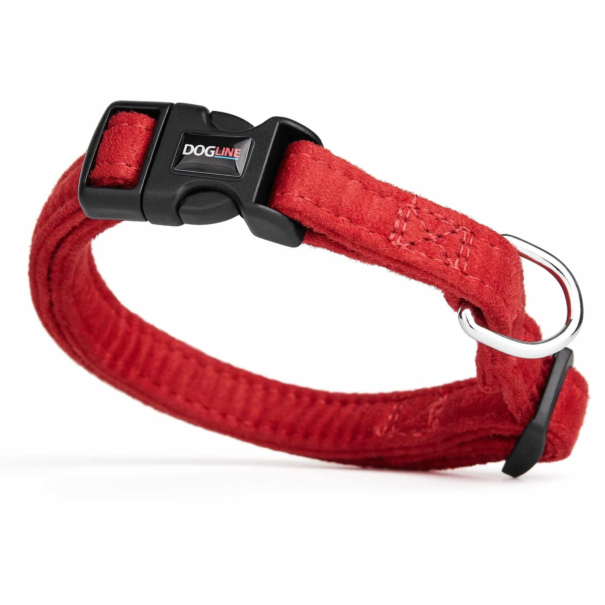 Red dog collar with quick release buckle and metal ring, made from soft microfiber, 5/8 inches wide