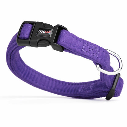 Purple dog collar with quick release buckle and metal ring, made from soft microfiber, 5/8 inches wide
