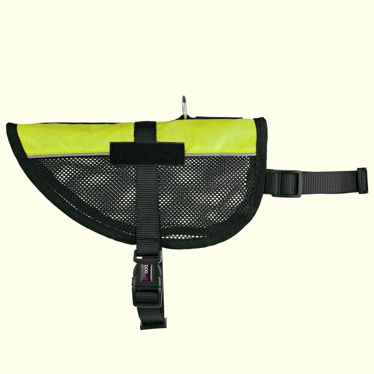 A display of a green Breathable mesh air vest for dogs, ideal for warm weather walks