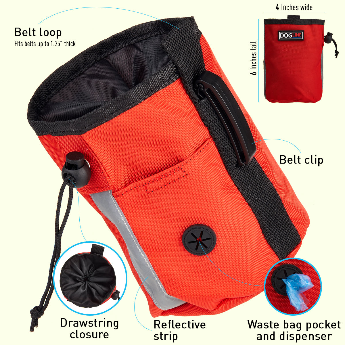 Beta treat pouch for dogs with built-in waste bag dispenser, hands-free design for training and walks