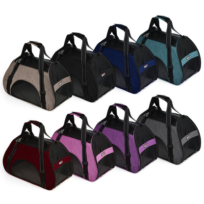 Airline-approved pet carrier backpack with small dog inside, head sticking out for safe, comfortable, and hands-free travel"