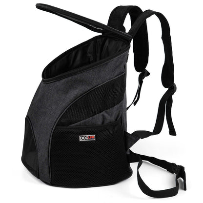 Pet carrier backpack with small dog inside, head sticking out for comfortable and hands-free travel