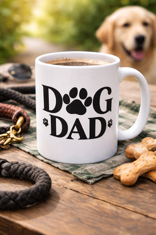 dog dad paw print ceramic coffee mug with coffee on table and dog in background