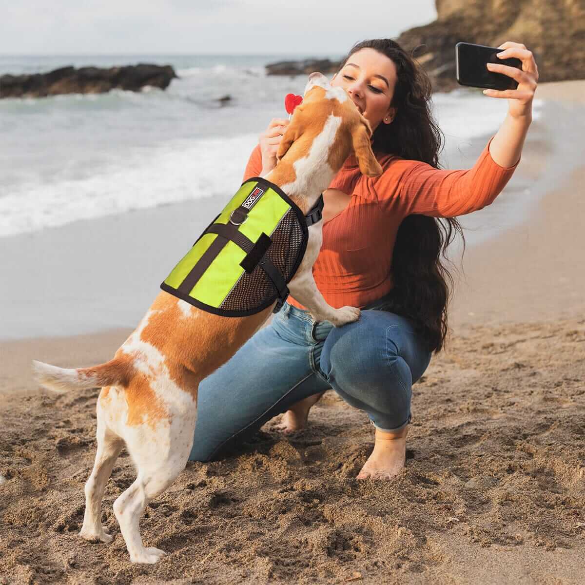 A lady at the beach with her dog wearing Soft, ventilated dog vest harness made with breathable mesh fabric