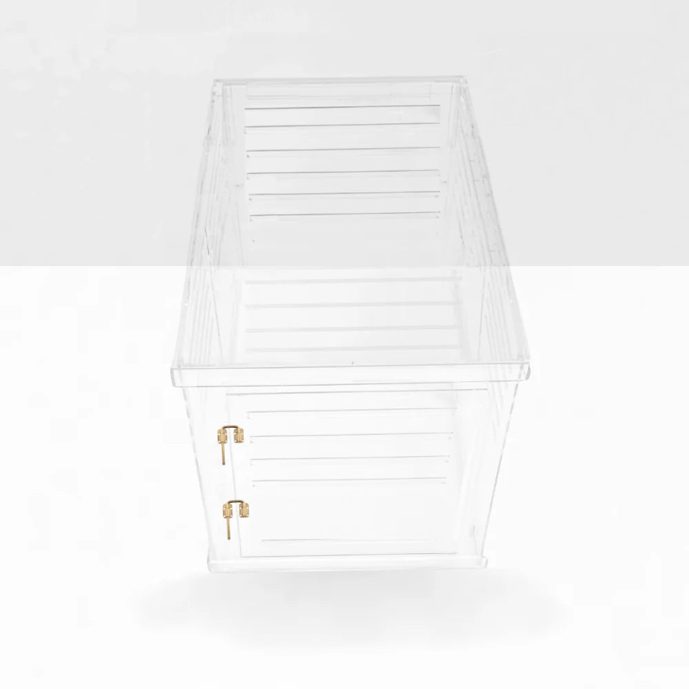 Clear Acrylic Dog Crate & Gate – Modern Lucite Dog Crate Furniture Side Table with Gold Latch