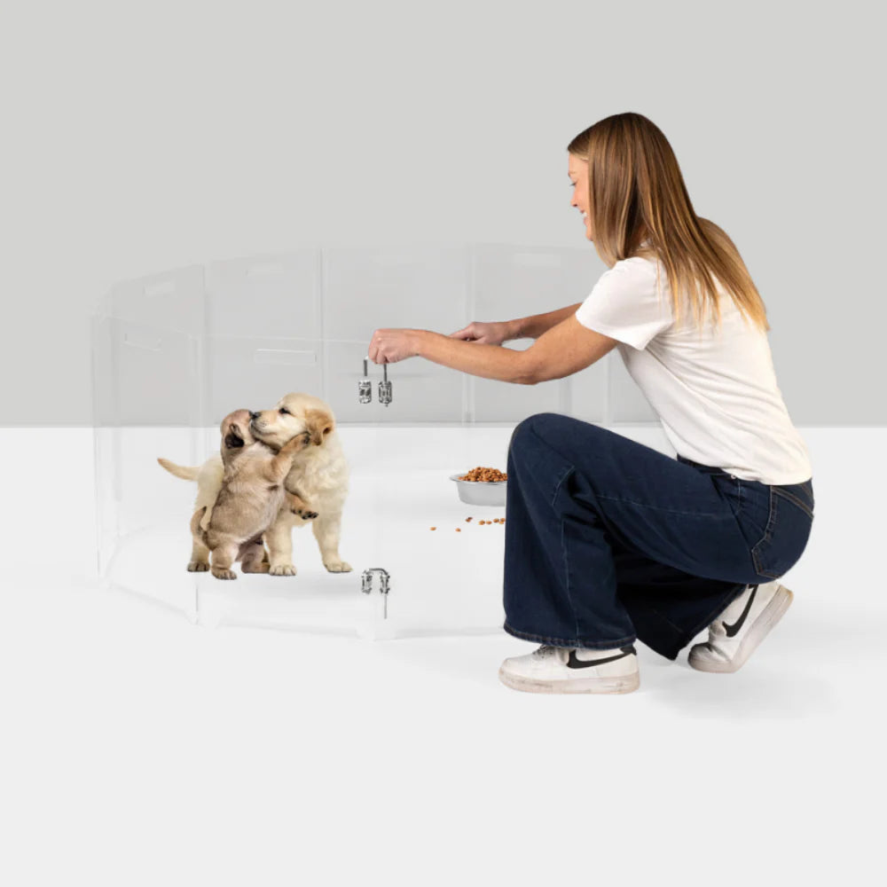 Clear Acrylic Pet Playpen – Round Modular Dog Playpen for Indoor Use with Door (Portable & Expandable)