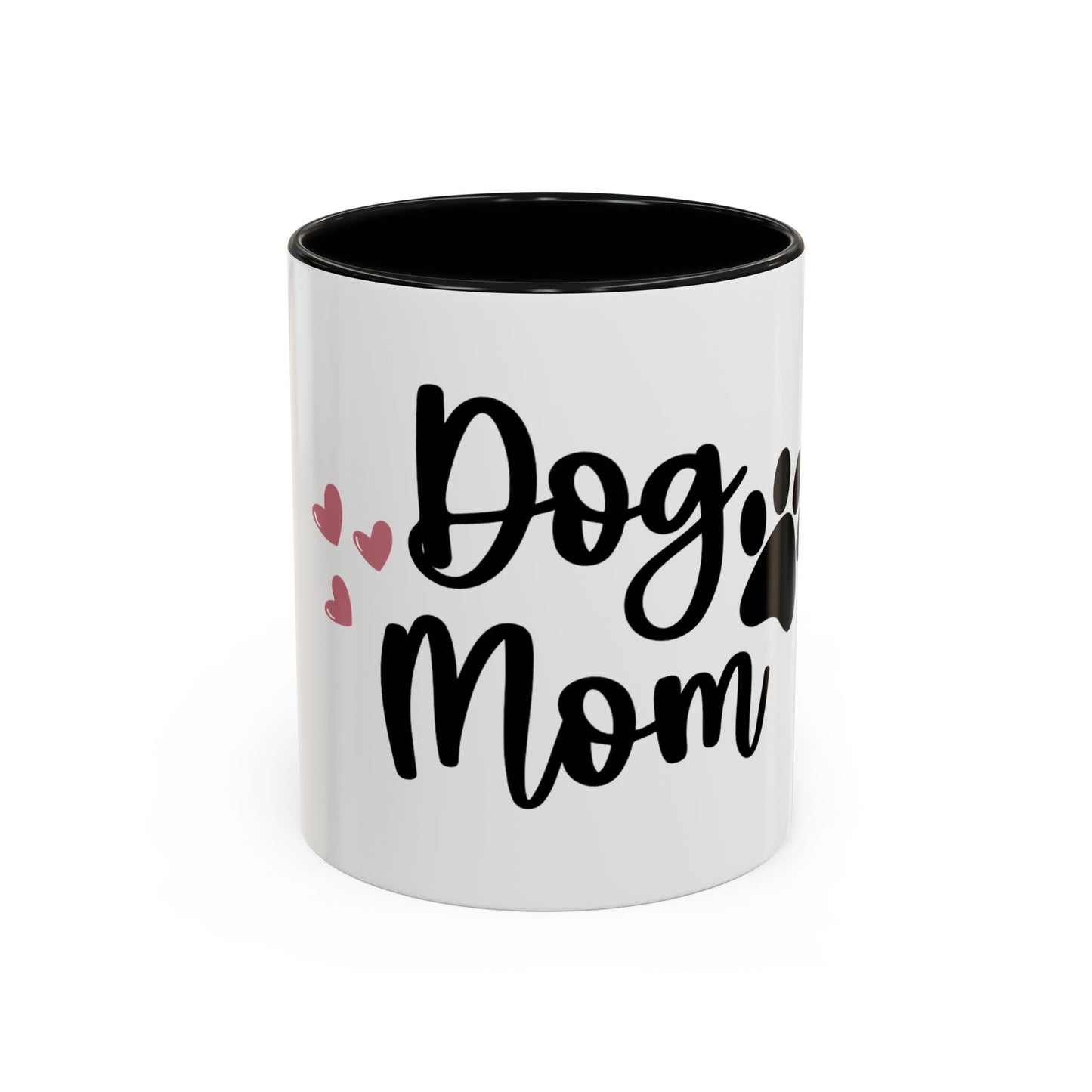 White mug with black interior, 'Dog Mom' text, and paw prints on a white background