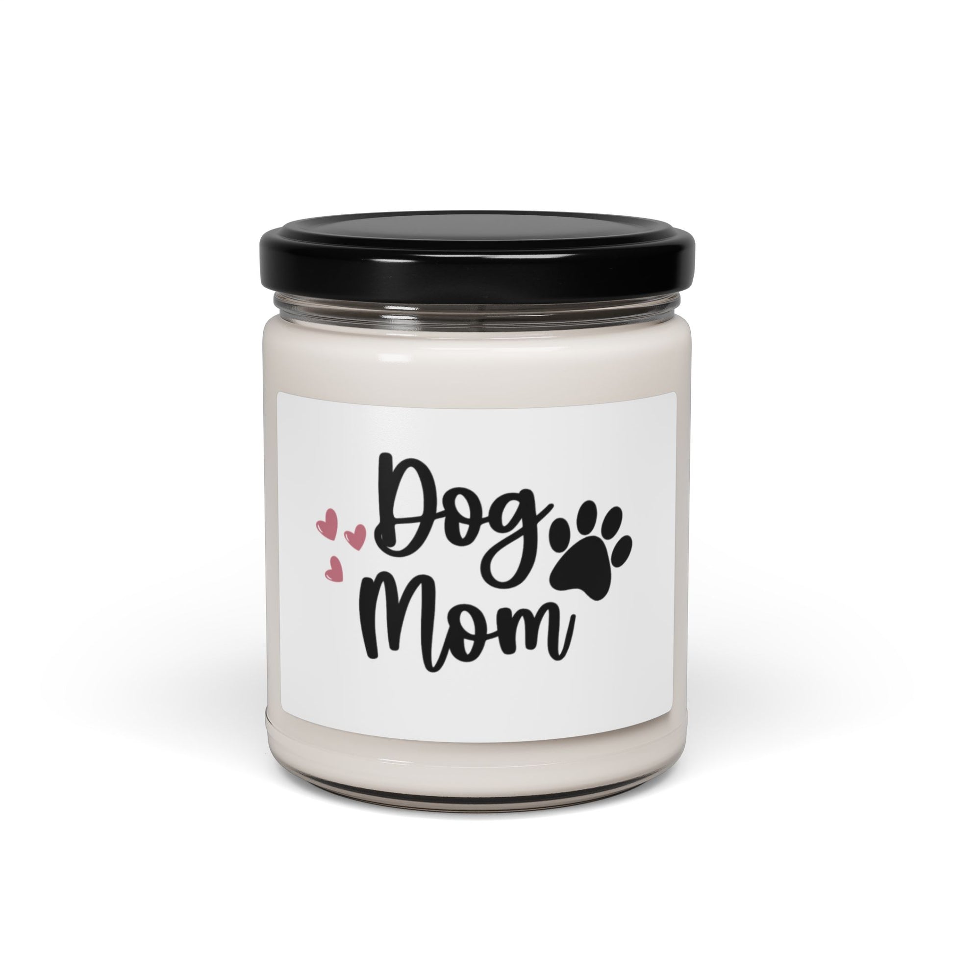 Candle jar with 'Dog Mom' label on a white background