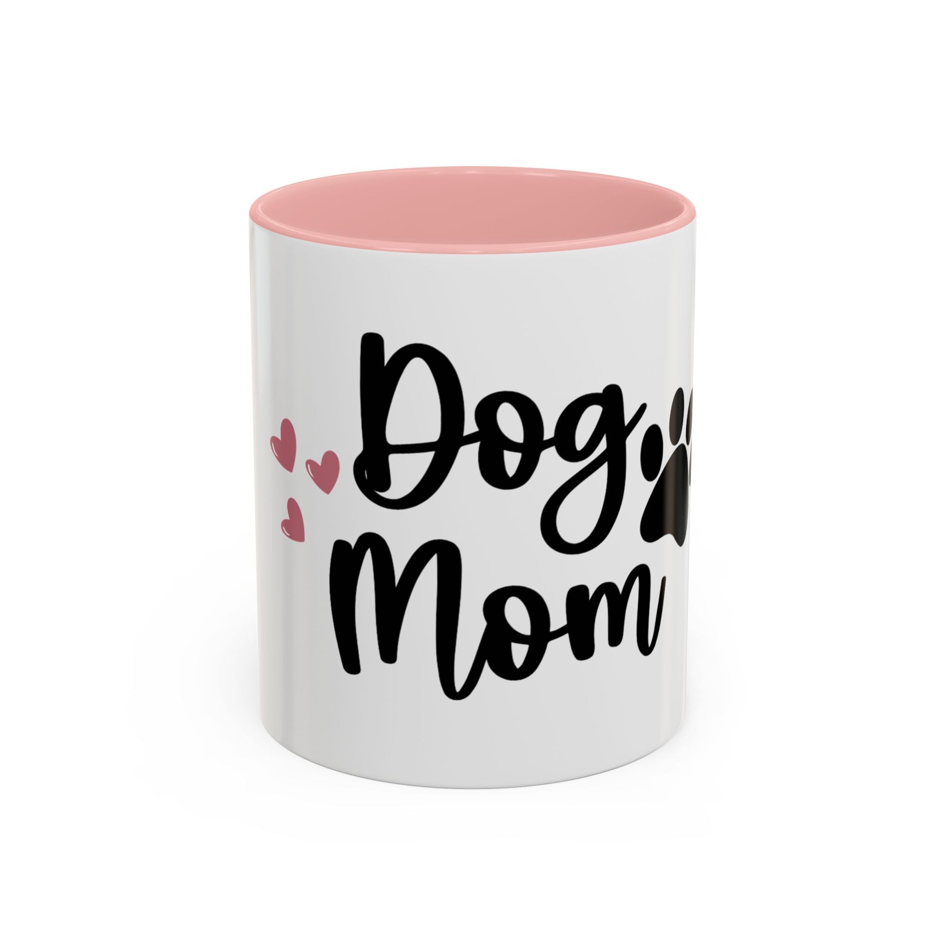 White mug with pink interior and 'Dog Mom' text on a white background