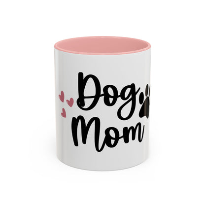 White mug with pink interior and 'Dog Mom' text on a white background