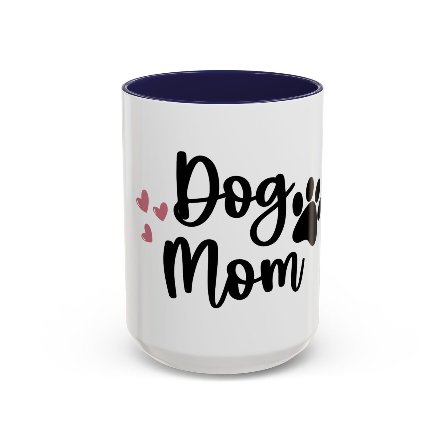 White mug with 'Dog Mom' text and hearts on a white background