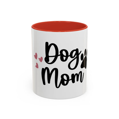 White mug with red interior and 'Dog Mom' text on a white background