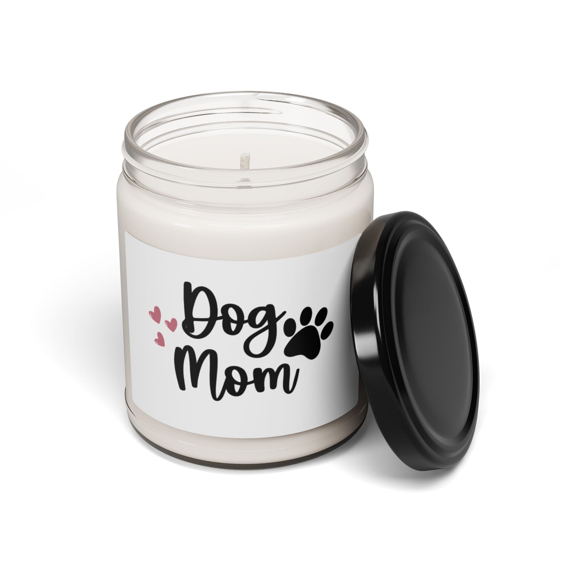 Candle jar with 'Dog Mom' text and paw print on a white background