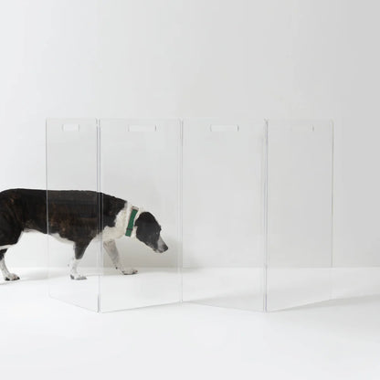 clear acrylic pet gate for dogs freestanding zig zag dog gate wide opening modern transparent indoor dog barrier home décor