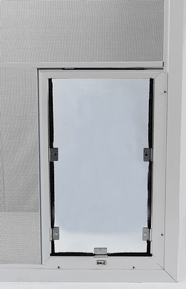 Hale Pet Door for Screen Doors installed in a screen door with the optional stabilizer bar kit - aluminum frame screen dog door