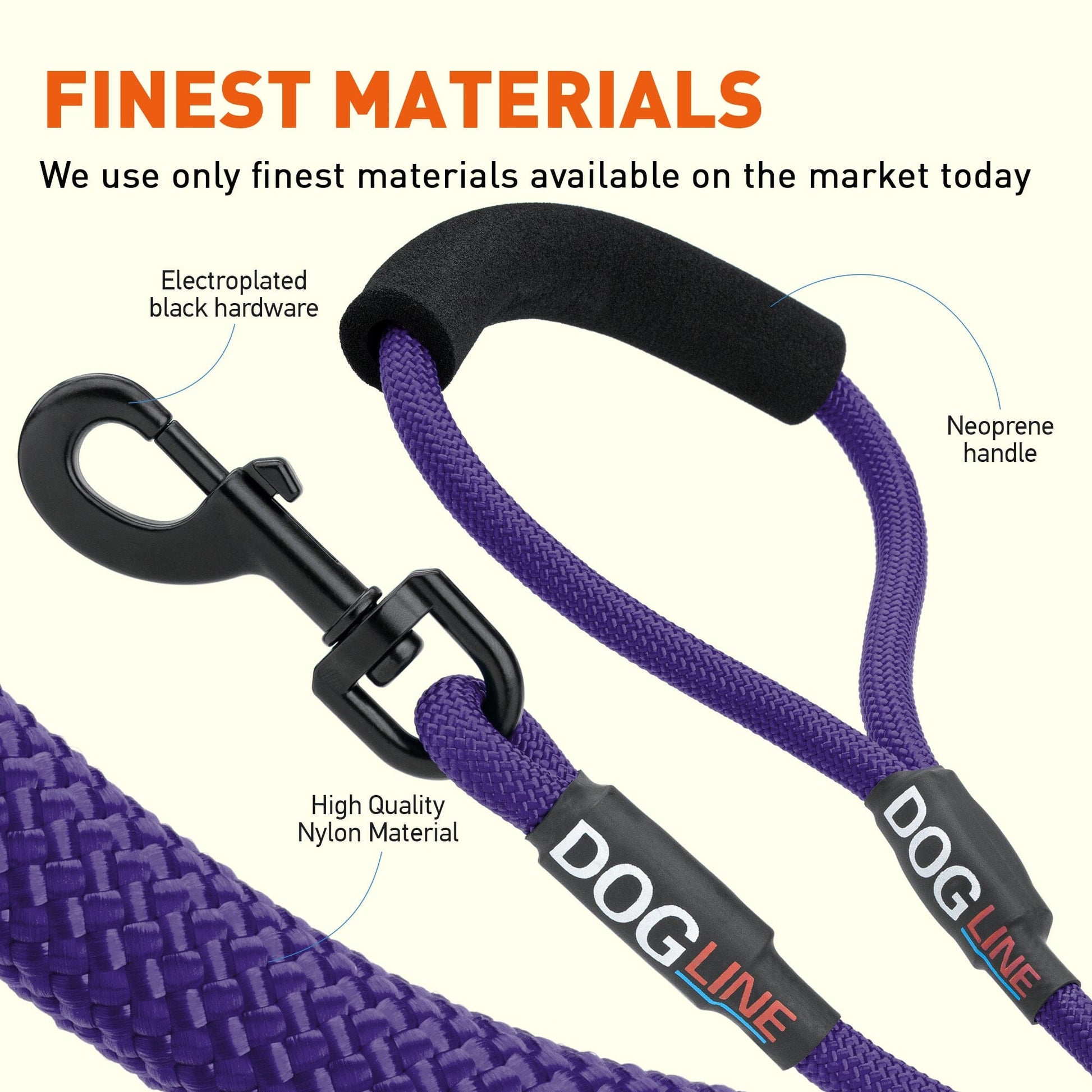 Nylon leash for dogs with padded handle and black snap hook, 11 color options, round design