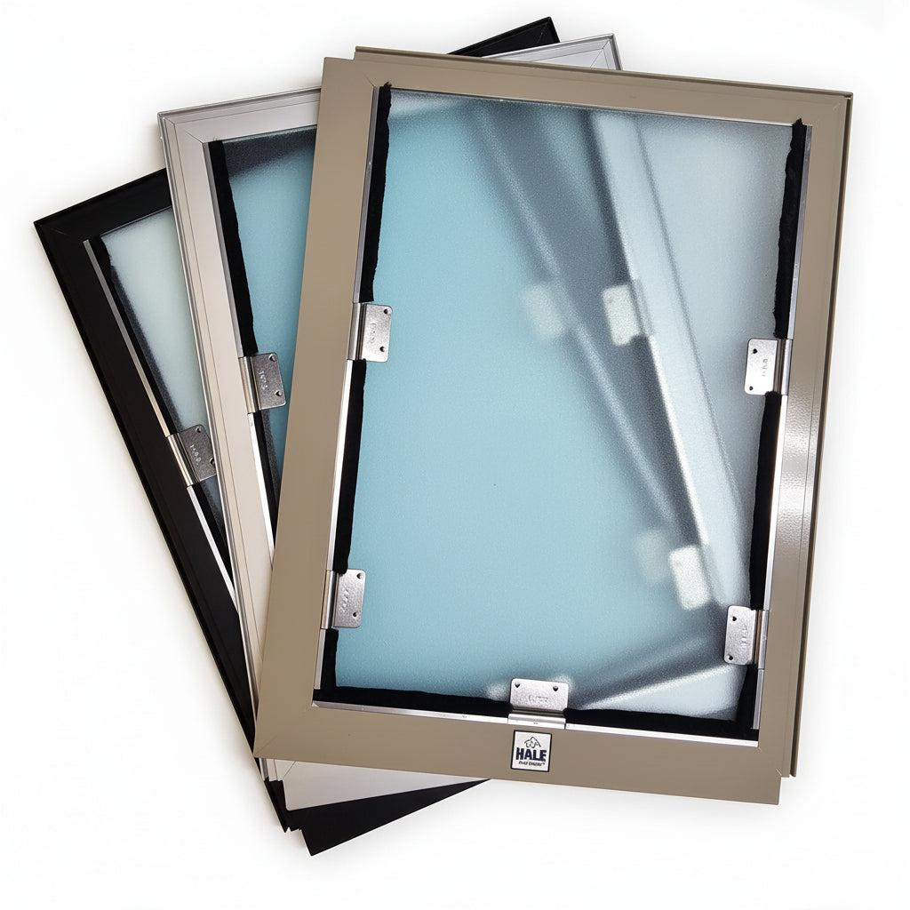Hale Screen Model pet door frames in Black, Brushed Aluminum and Arizona Beige - screen door dog door frame color options