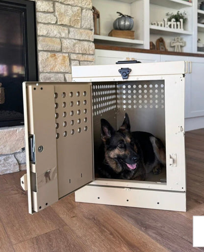German Shepherd resting inside open door K9 aluminum dog crate inside home