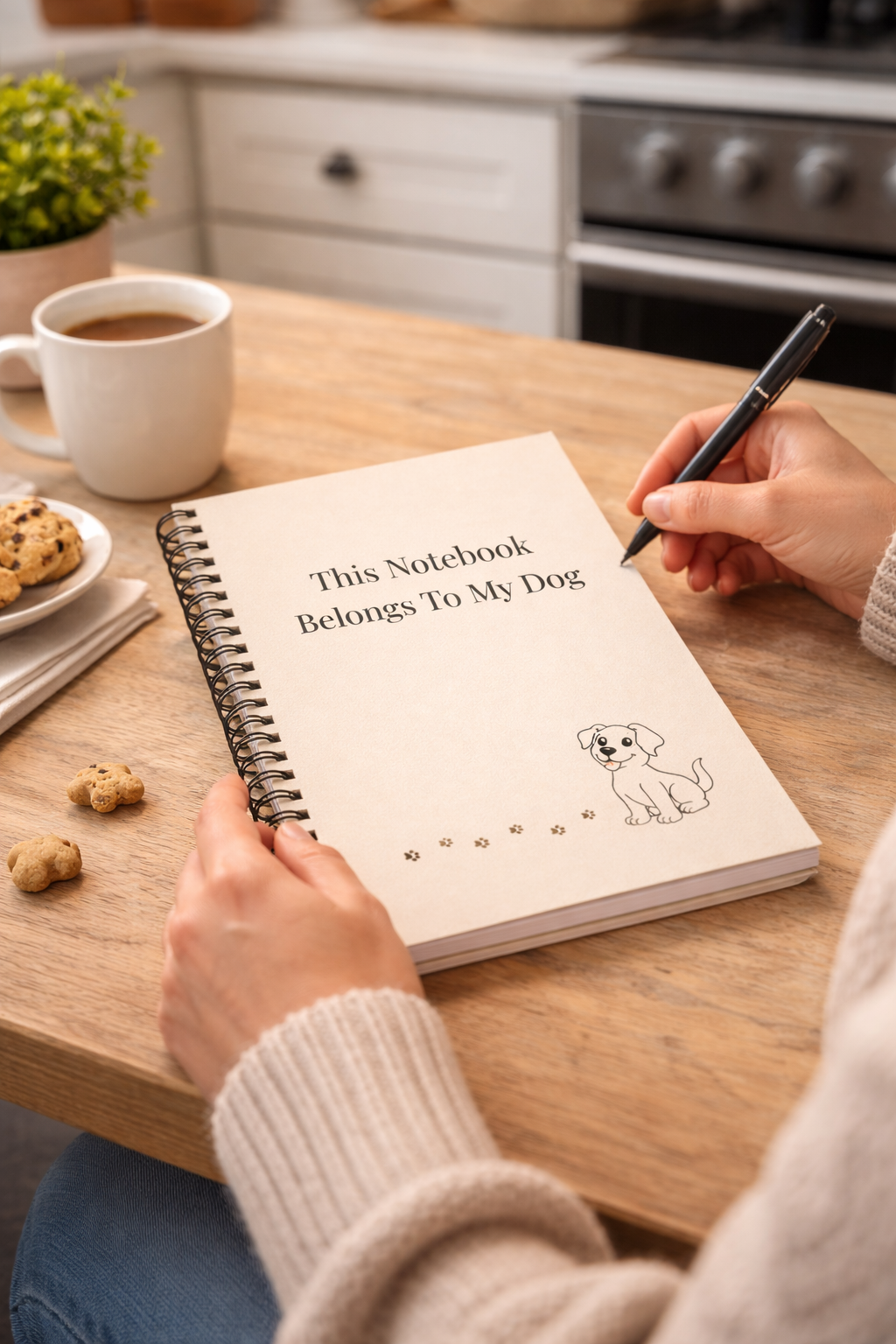 Person writing in a notebook titled 'This Notebook Belongs To My Dog' on a kitchen counter with a cup of coffee and cookies.