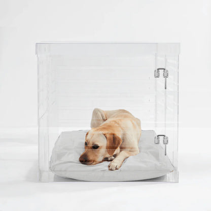 Clear Acrylic Dog Crate & Gate – Modern Lucite Dog Crate Furniture Side Table with Sliver Latch
