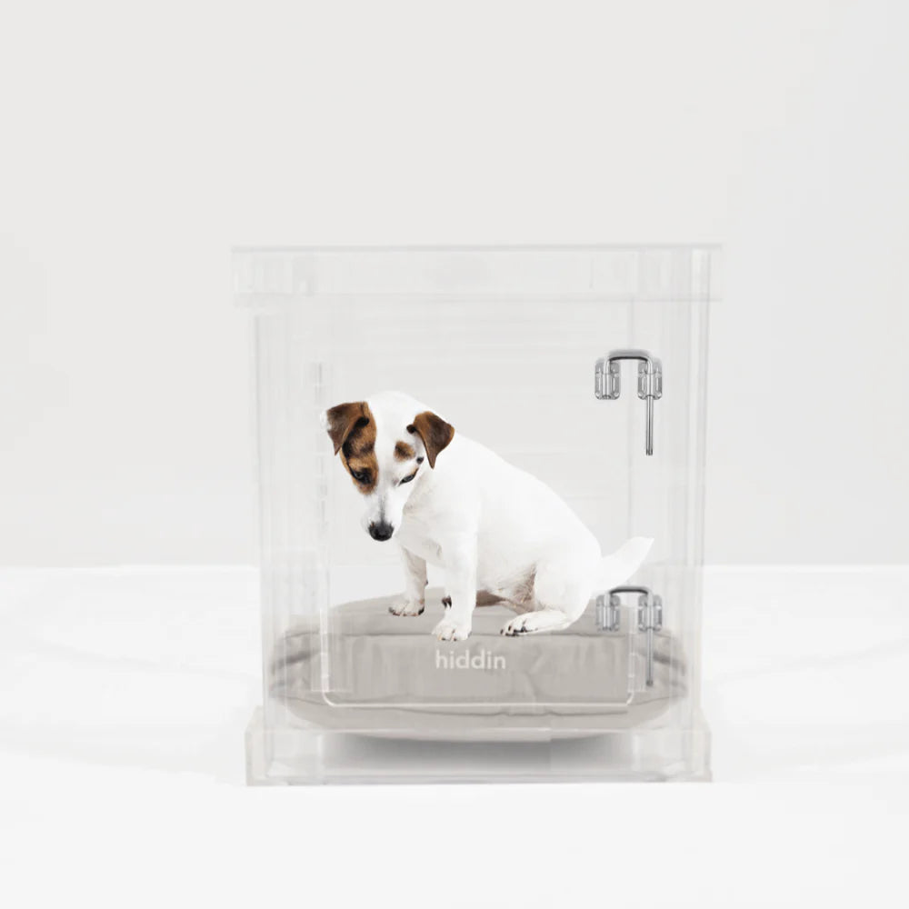 Clear Acrylic Dog Crate & Gate – Modern Lucite Dog Crate Furniture Side Table with Sliver Latch