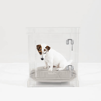 Clear Acrylic Dog Crate & Gate – Modern Lucite Dog Crate Furniture Side Table with Sliver Latch