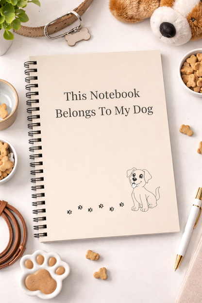 Notebook with 'This Notebook Belongs To My Dog' text and dog illustration on a table with pet accessories.