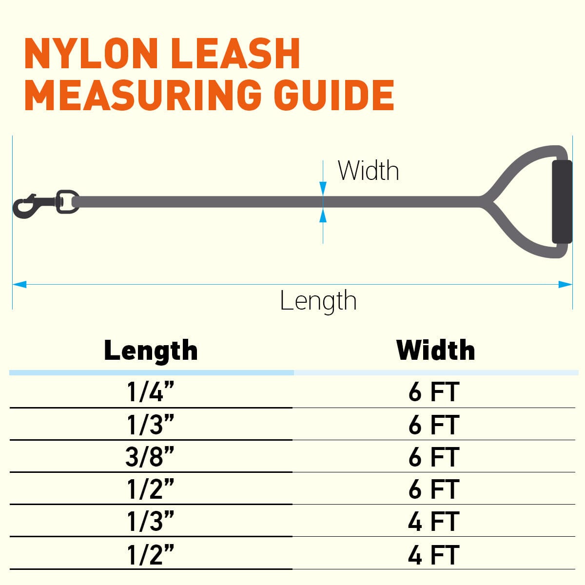 Nylon leash for dogs with padded handle and black snap hook, 11 color options, round design size chart