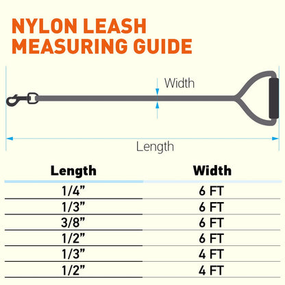 Nylon leash for dogs with padded handle and black snap hook, 11 color options, round design size chart