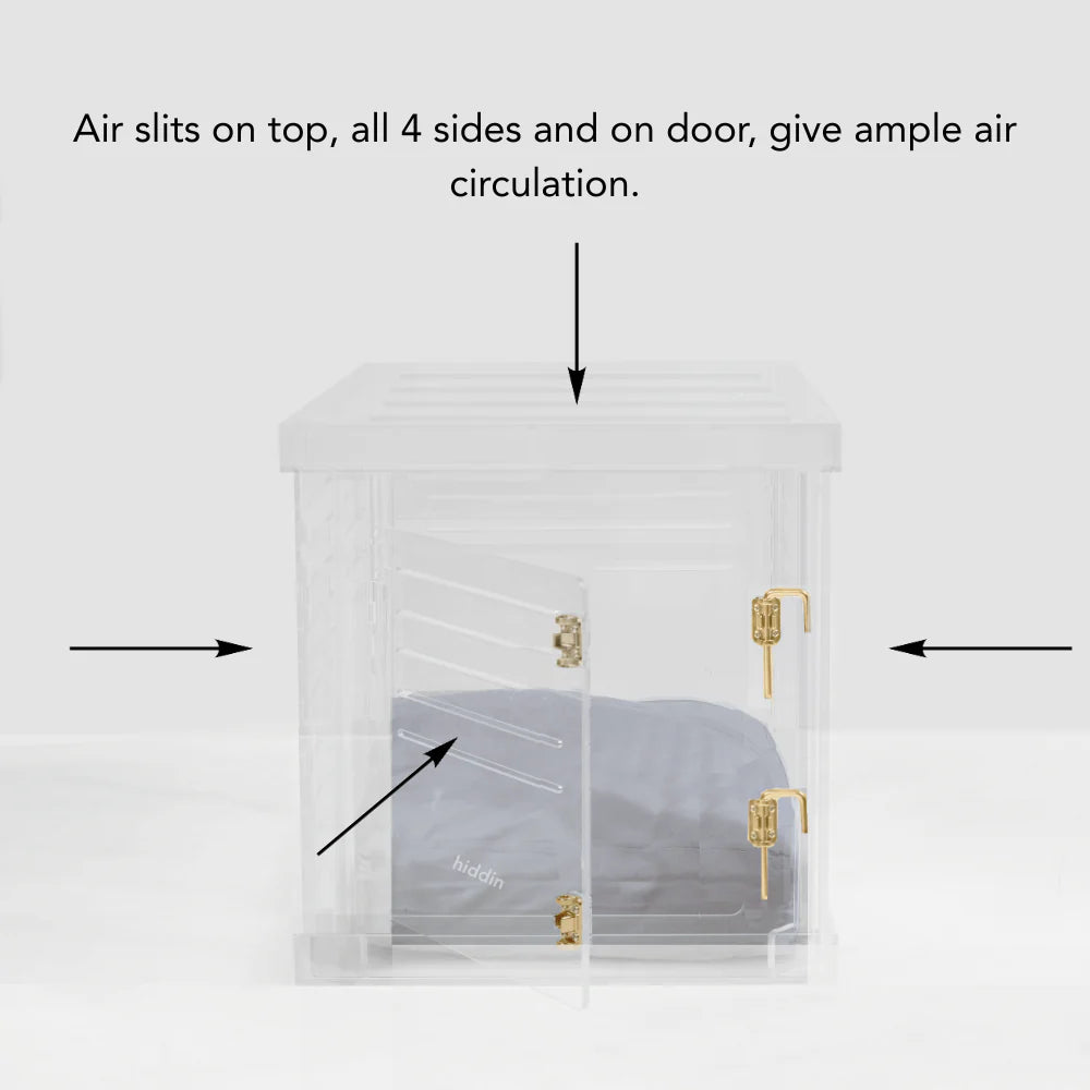 Clear Acrylic Dog Crate & Gate – Modern Lucite Dog Crate Furniture Side Table with Gold Latch