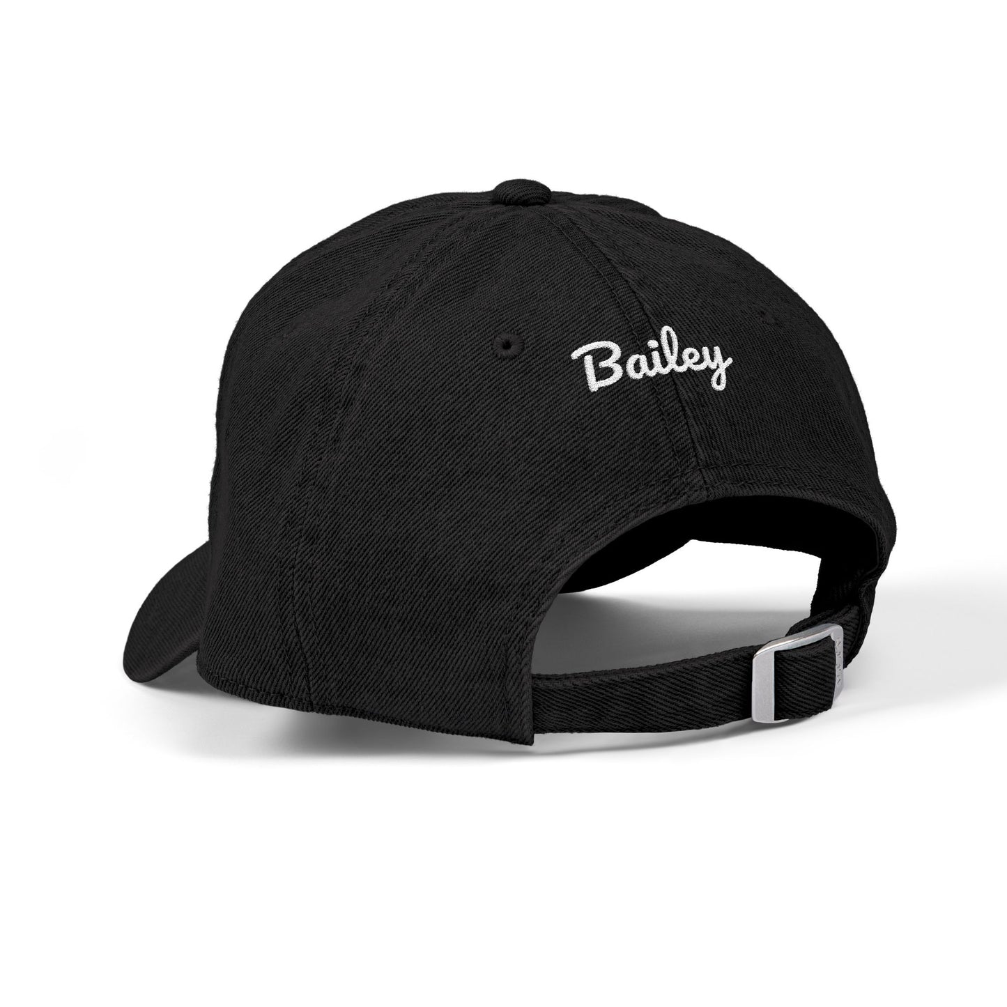 Black denim hat with personalized pet name Bailey on the back.