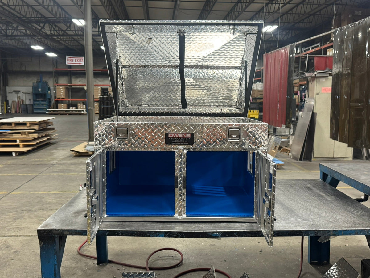 Owens Dog Box 55018 Double Compartment With Top Storage Standard Vents 36"W x 28.5"D x 22"H - 55018Doors_TopStorageOpen