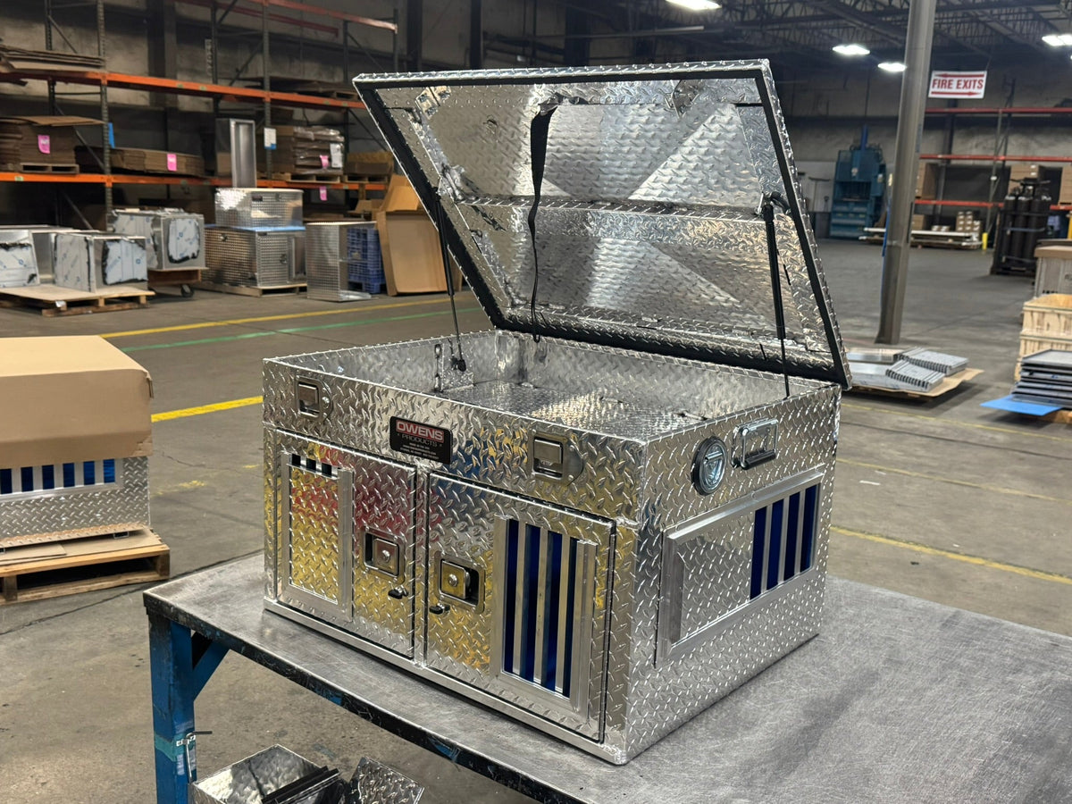 Owens Dog Box 55018 Double Compartment With Top Storage Standard Vents 36"W x 28.5"D x 22"H - 55018SideViewTopStorageOpen