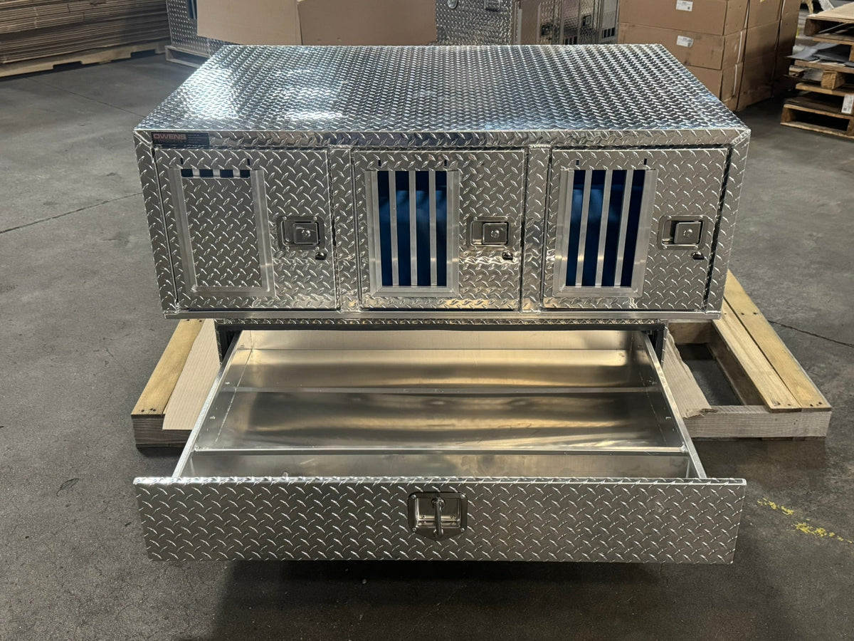 Owens Dog Box 55111 Pro Hunter Triple Compartment Bottom Storage 58"W x 40"D x 28"H - 55111BottomDrawerOpenFrontView