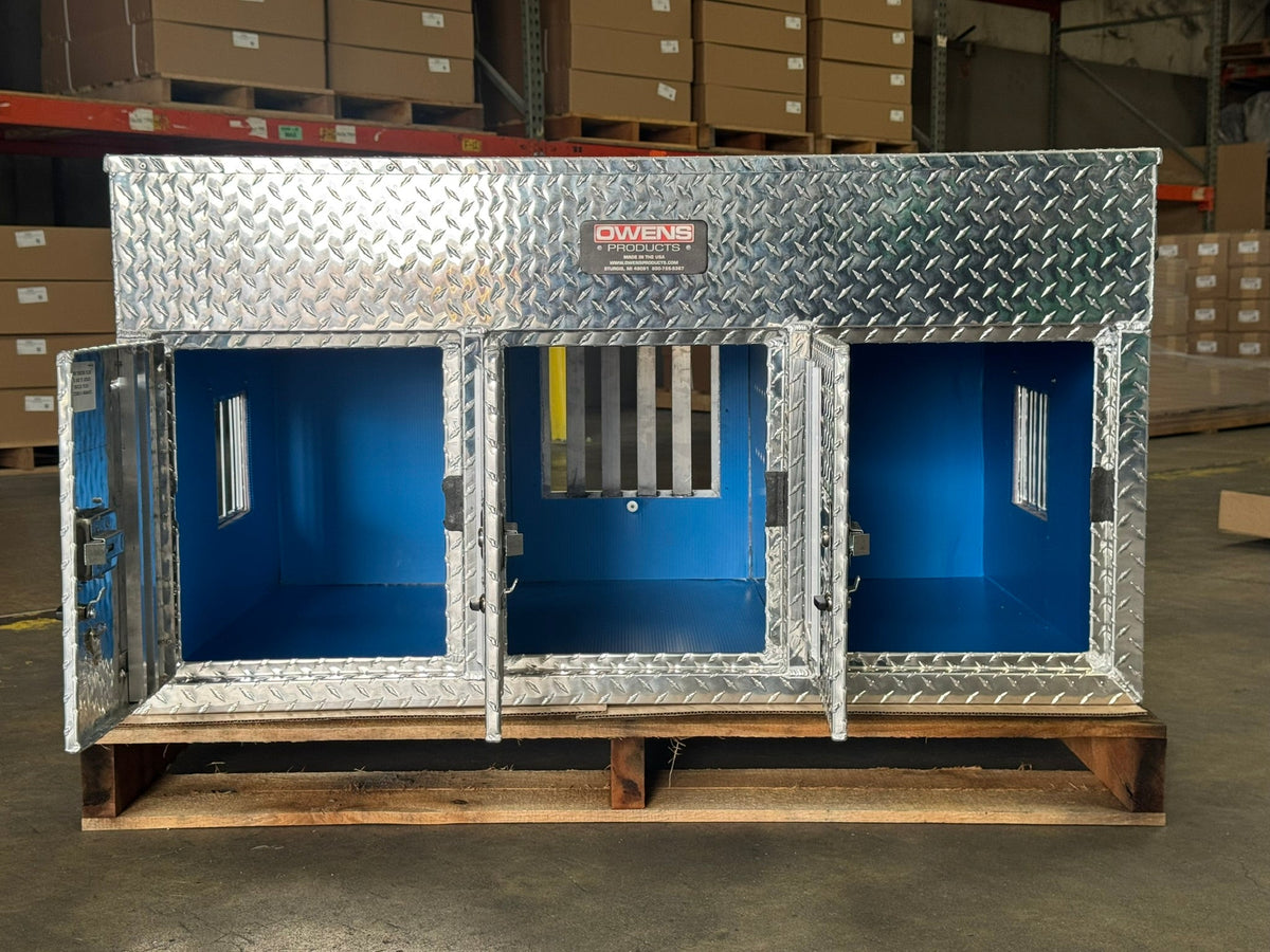 Owens Dog Box 55158 Triple Compartment No Storage Tall Standard Vents 48"W x 36"D x 26"H - 55158FrontDoorsOpen