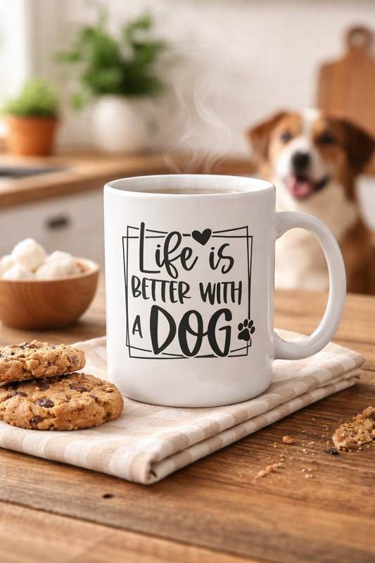 White mug with 'Life is better with a dog' text on a wooden table with cookies and a dog in the background