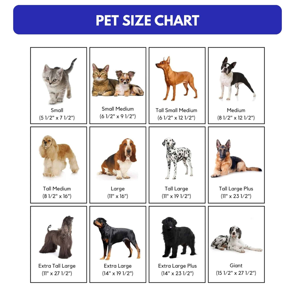 Hale Pet Door screen model pet size chart - flap opening sizes from Small to Giant for dogs and cats