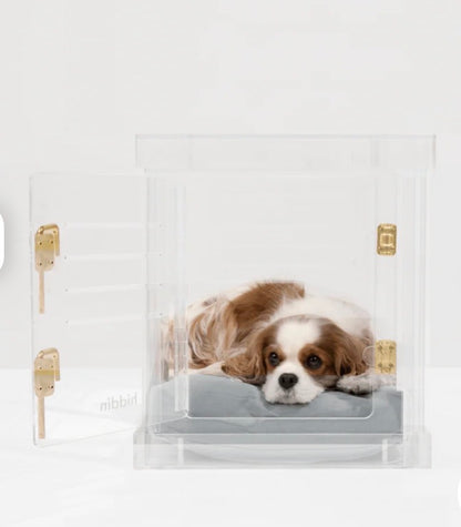 Clear Acrylic Dog Crate & Gate – Modern Lucite Dog Crate Furniture Side Table with Gold Latch