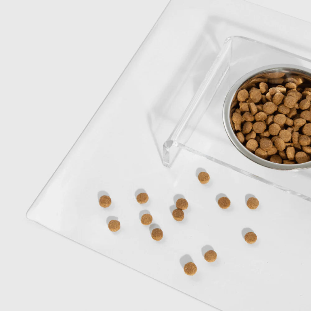 Hiddin Clear Acrylic Elevated Dog Bowl Stand – Modern Raised Pet Feeder with Stainless Steel Bowl (6.5 Cup)