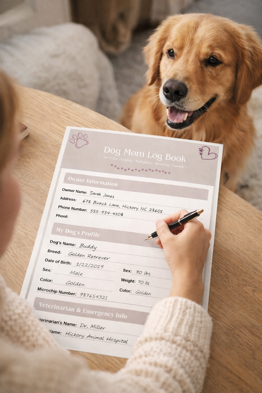 Dog Care Log Book for Dog Moms – Track Feeding, Vet Appointments, Meds & Training