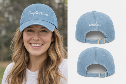 Personalized Denim Dog Mom Hat with Custom Pet Name – Adjustable Dog Lover Baseball Cap