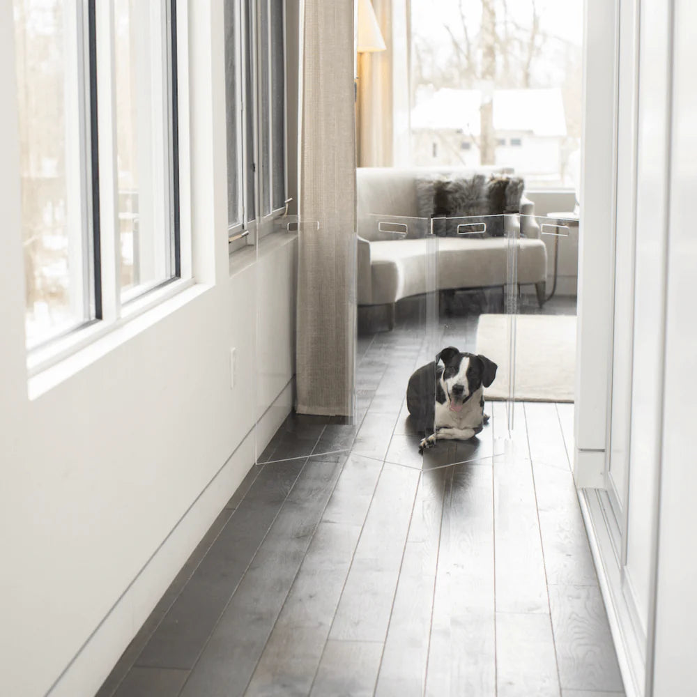 clear acrylic pet gate for dogs freestanding zig zag dog gate wide opening modern transparent indoor dog barrier home décor