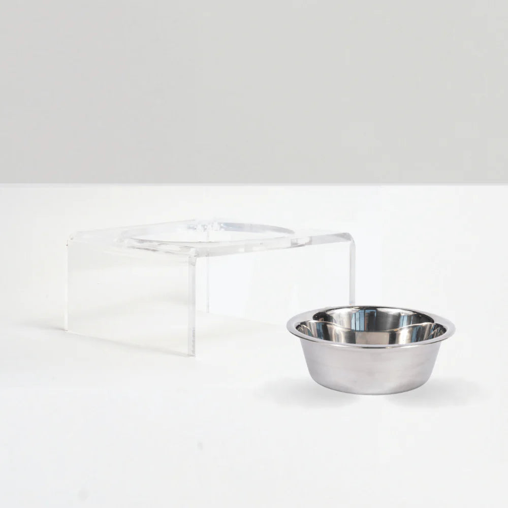 Hiddin Clear Acrylic Elevated Dog Bowl Stand – Modern Raised Pet Feeder with Stainless Steel Bowl (6.5 Cup)