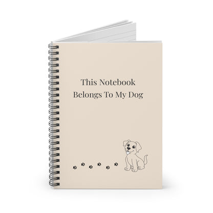Notebook with 'This Notebook Belongs To My Dog' text and a dog illustration on a white background